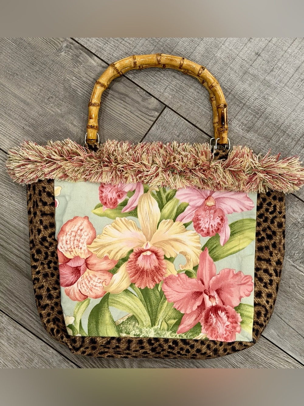 🌴Tropical Tote Palm Beach 🌴 Vintage Floral & Leopard Print Bamboo Handles Purse